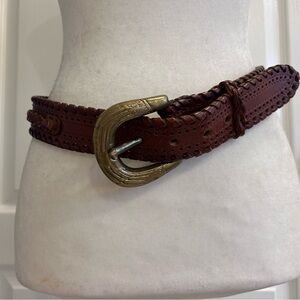 Vintage DKNY  Brown Braided Leather Belt Boho Western Brass Buckle 1.5” Women’s